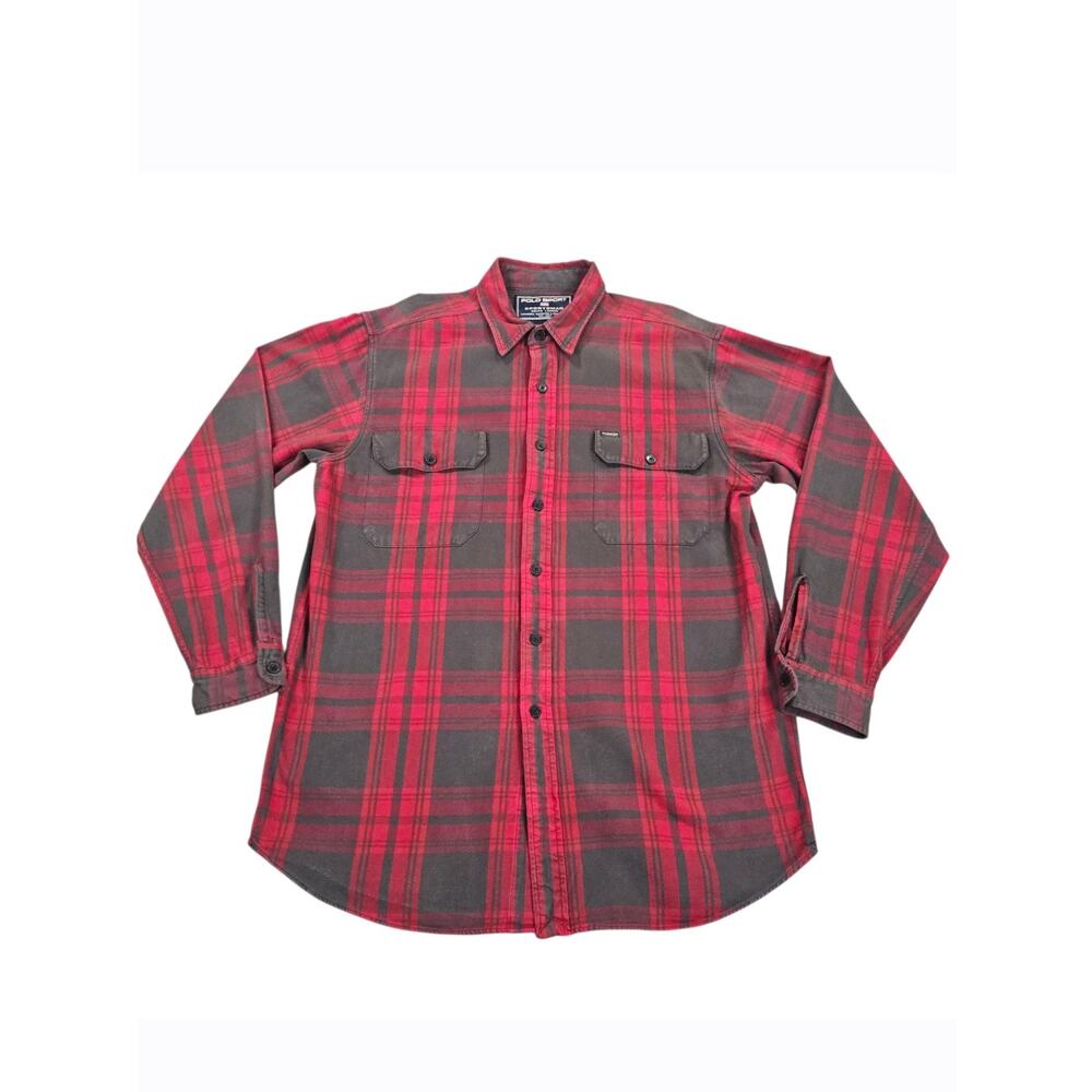 Polo Sport Ralph Lauren Shirt Mens M Red Plaid Flannel Button Up Pockets Casual